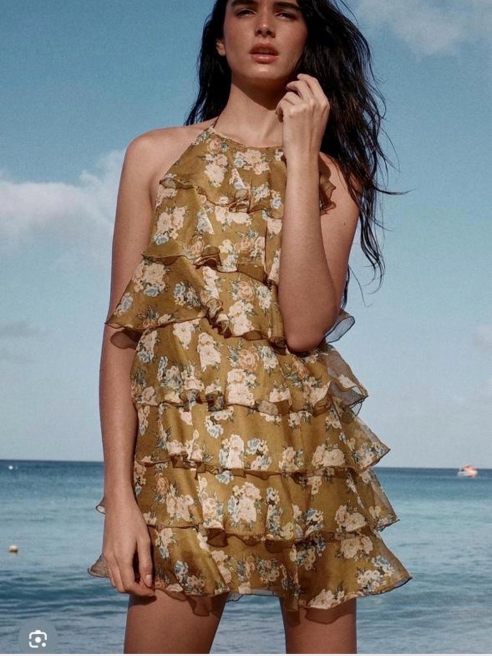 Forever 21 Mustard Floral Ruffle Halter Mini Dress